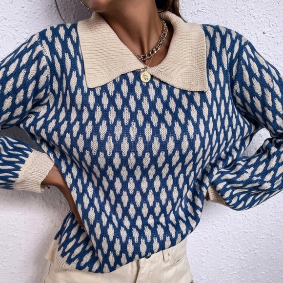 Argyle Pattern Lantern Sleeve Sweater - Picture 1 of 6